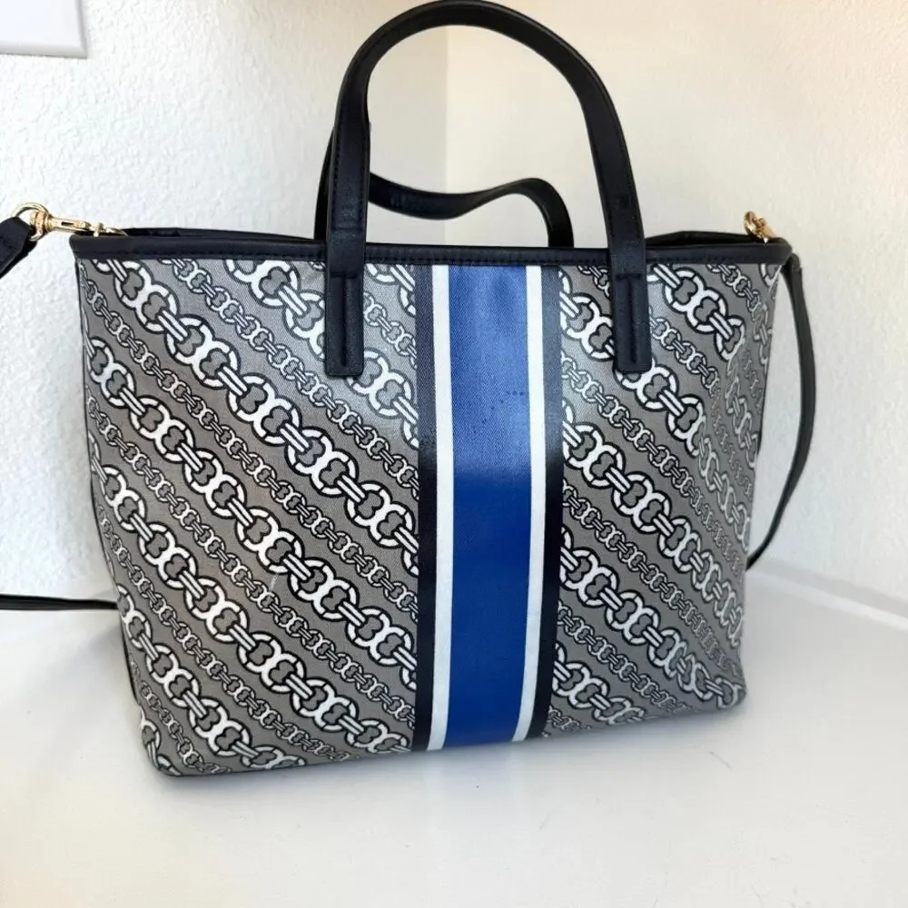 TORY‎ BURCH Gemini Link Canvas Satchel Tote Navy Stripe Crossbody Bag